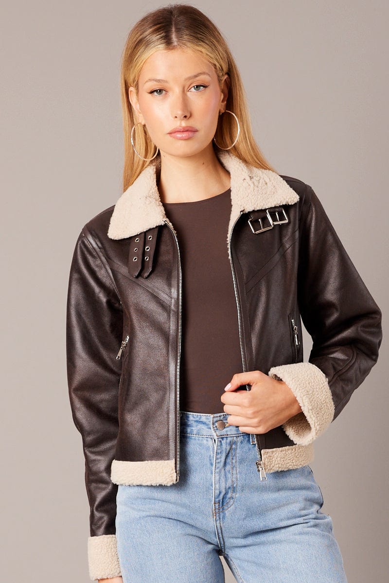 Brown Oversized Jacket Collared Long Sleeve Faux Leather