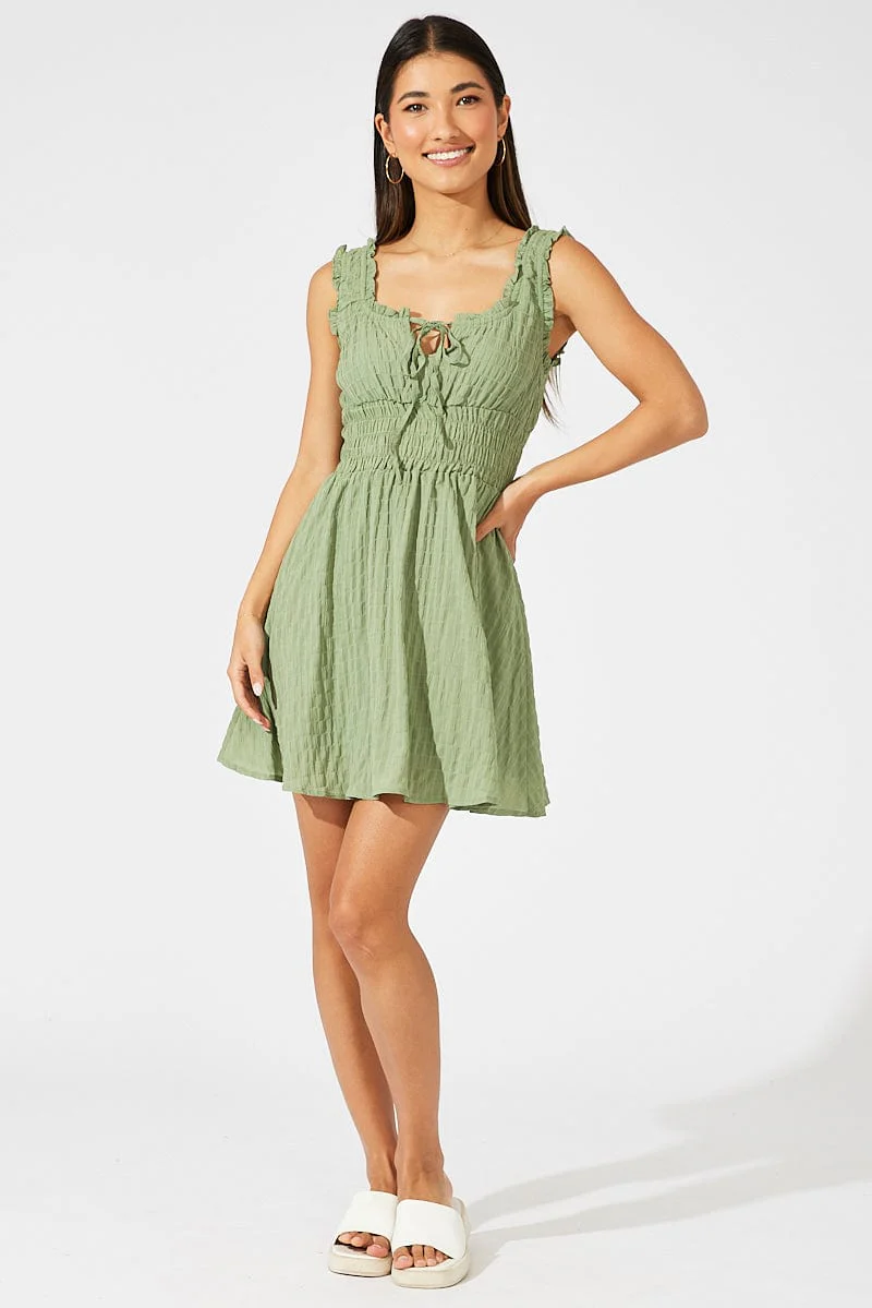 Green Fit and Flare Dress Sleeveless Shirred Waist