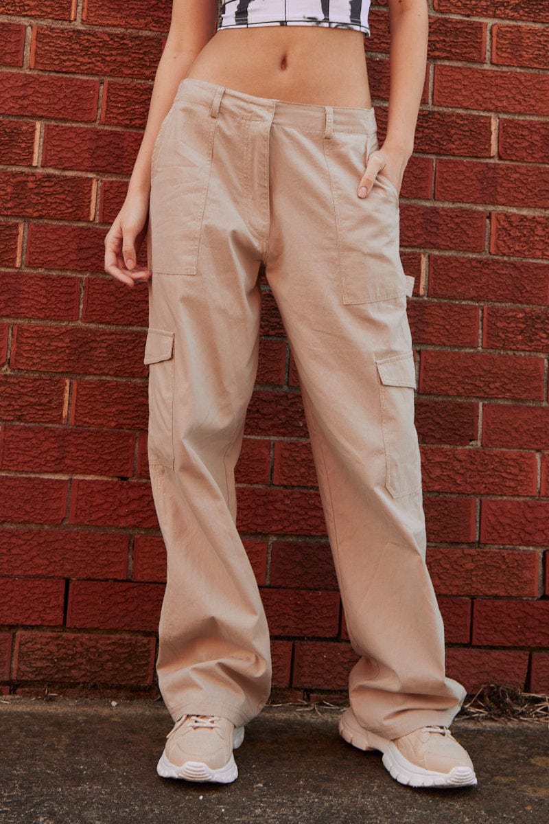 Beige Cargo Pant Mid Rise