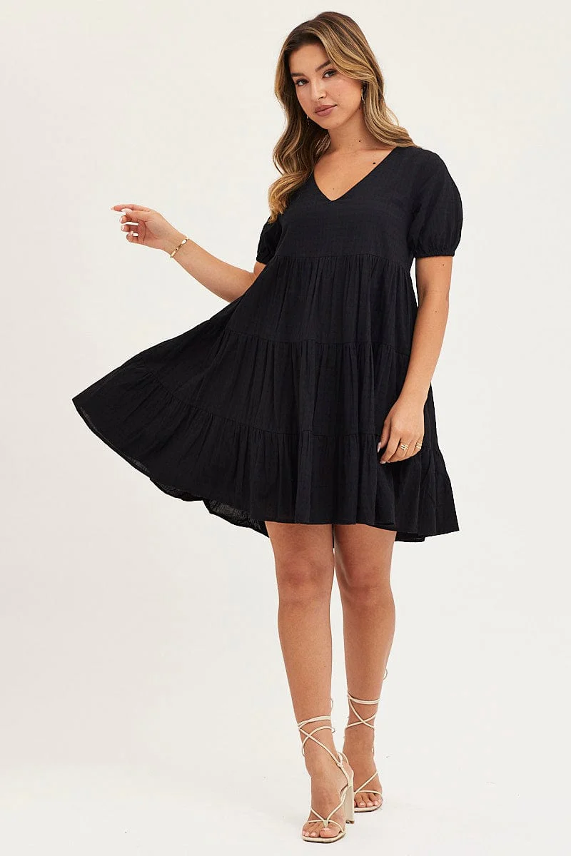 Black Tiered Dress Puff Sleeve Mini