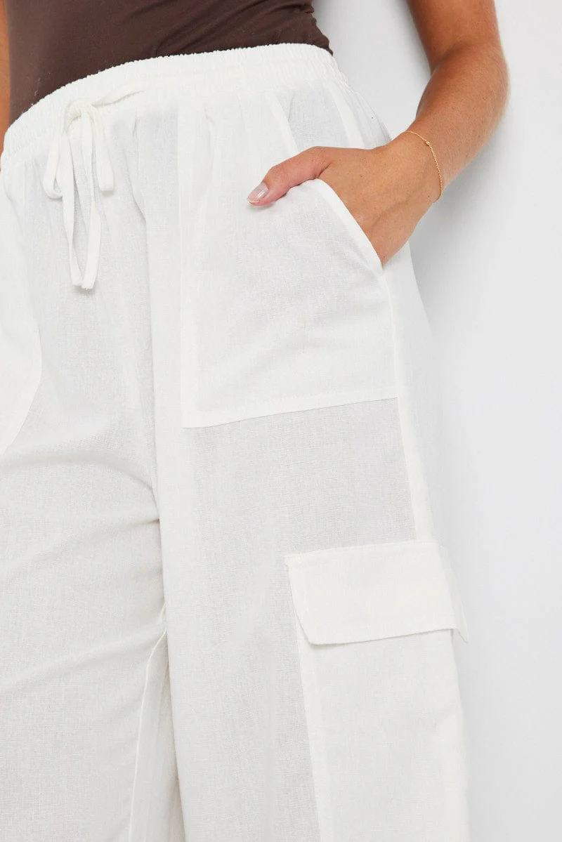 White Relaxed Cargo Pant Elasticated Waist