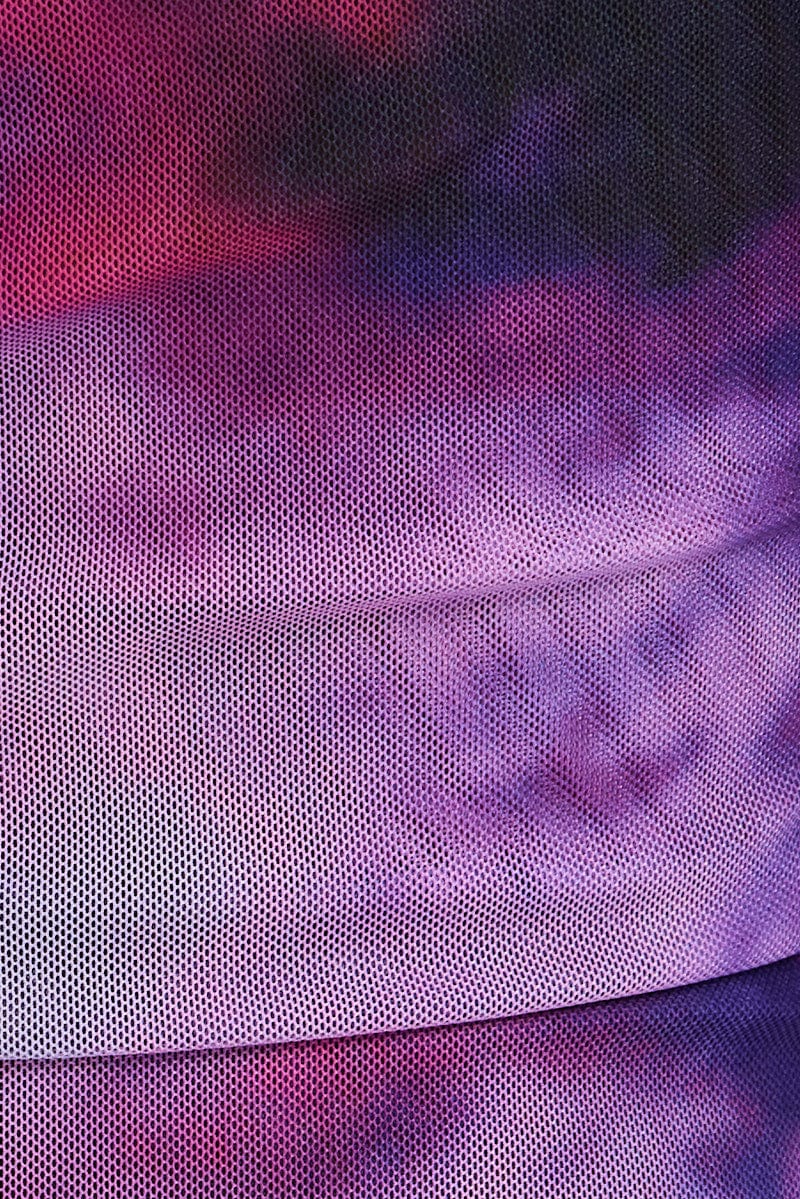 Purple Abstract Mesh Top Long Sleeve Off Shoulder Frill Lined