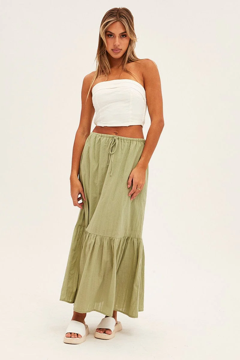 Green Midi Skirt Tiered Textured Thin Tie Waist