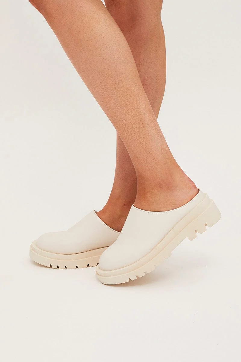 White Chunky Sole Flat Mules