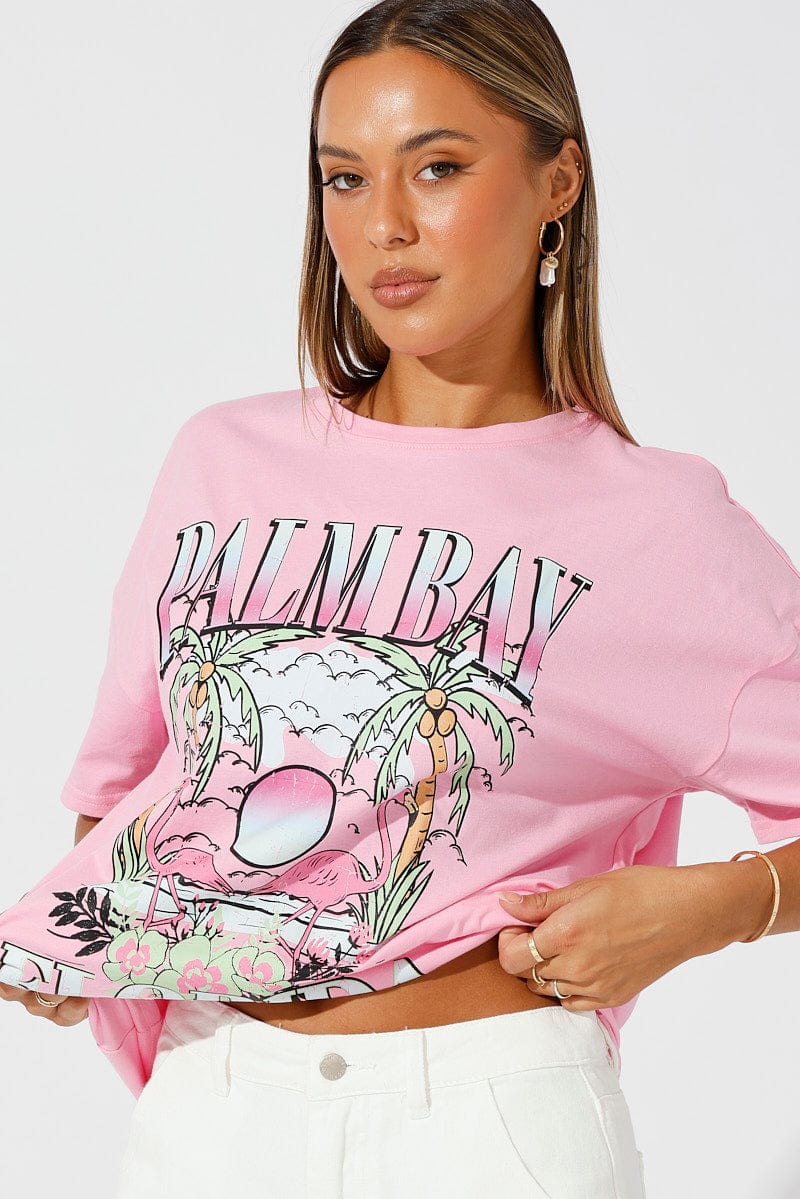 Pink Graphic Tee Tropical Palm Slogan Oversized Tshirt
