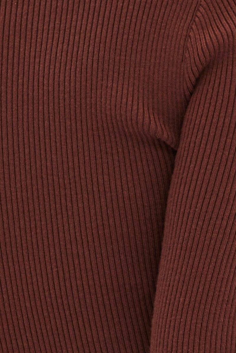 Brown Knit Top Long Sleeve Twisted Front