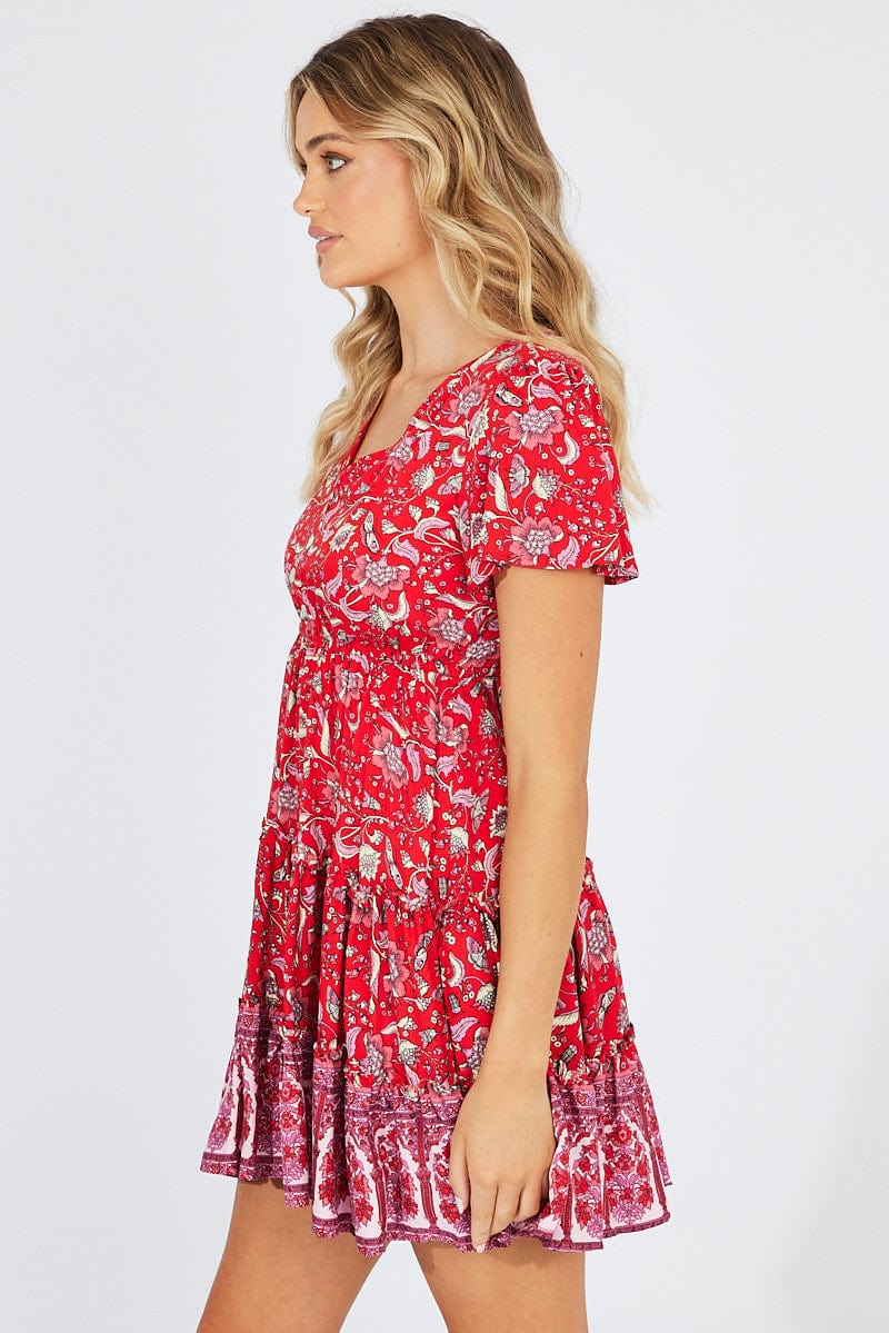 Red Boho Fit And Flare Dress V-neck Mini