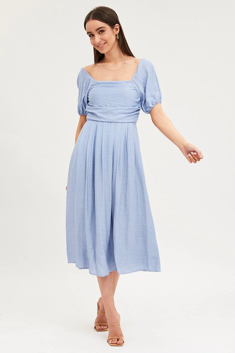 Blue Midi Dress Evening Square Neck