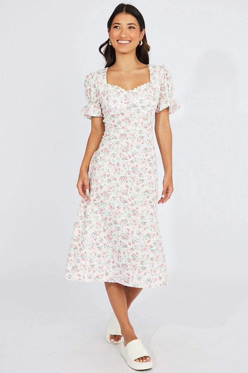 White Floral Midi Dress Puff Sleeve