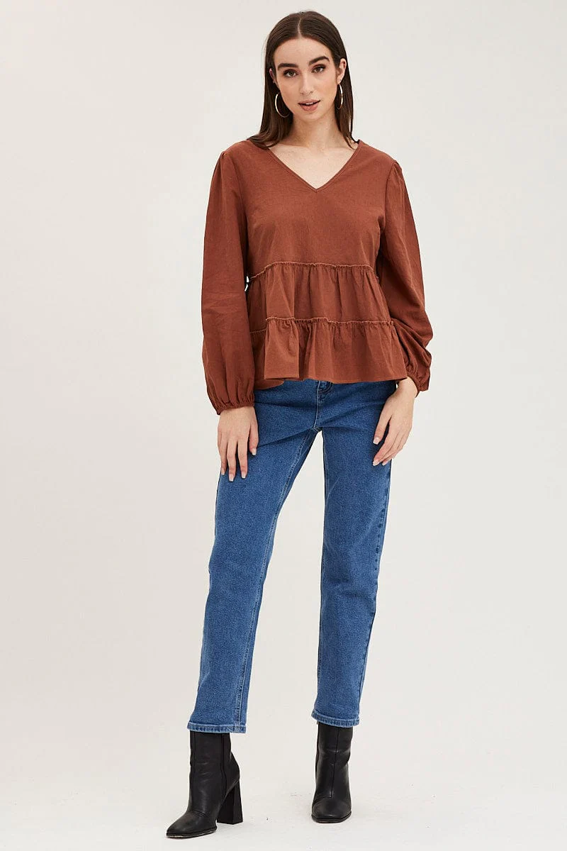 Brown Ruffle Top Long Sleeve