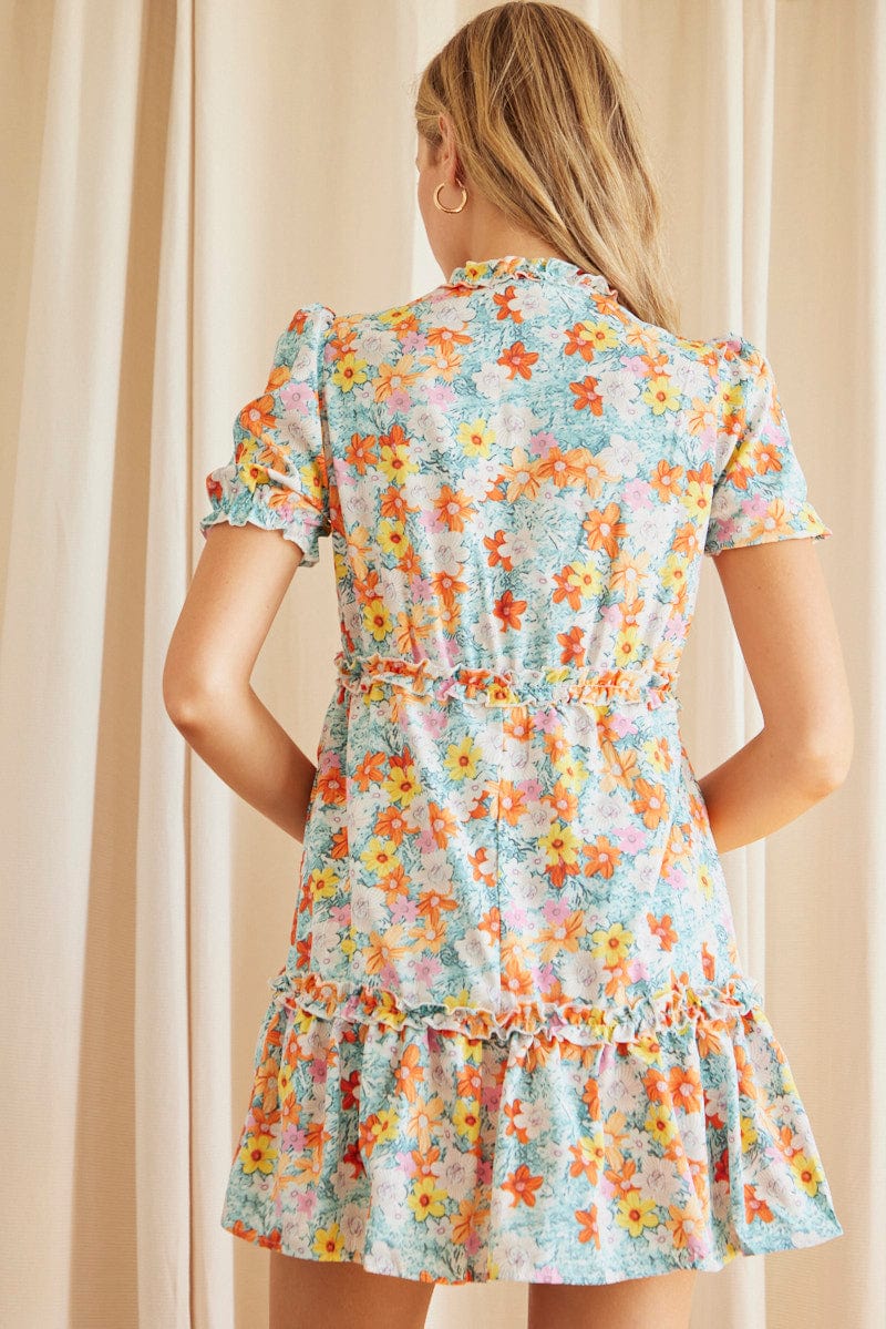 Print Mini Dress Short Sleeve V Neck