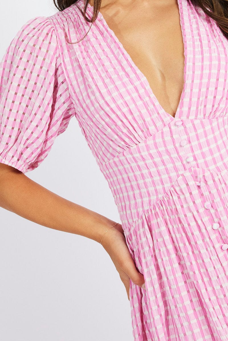 Pink Midi Dress Puff Sleeve