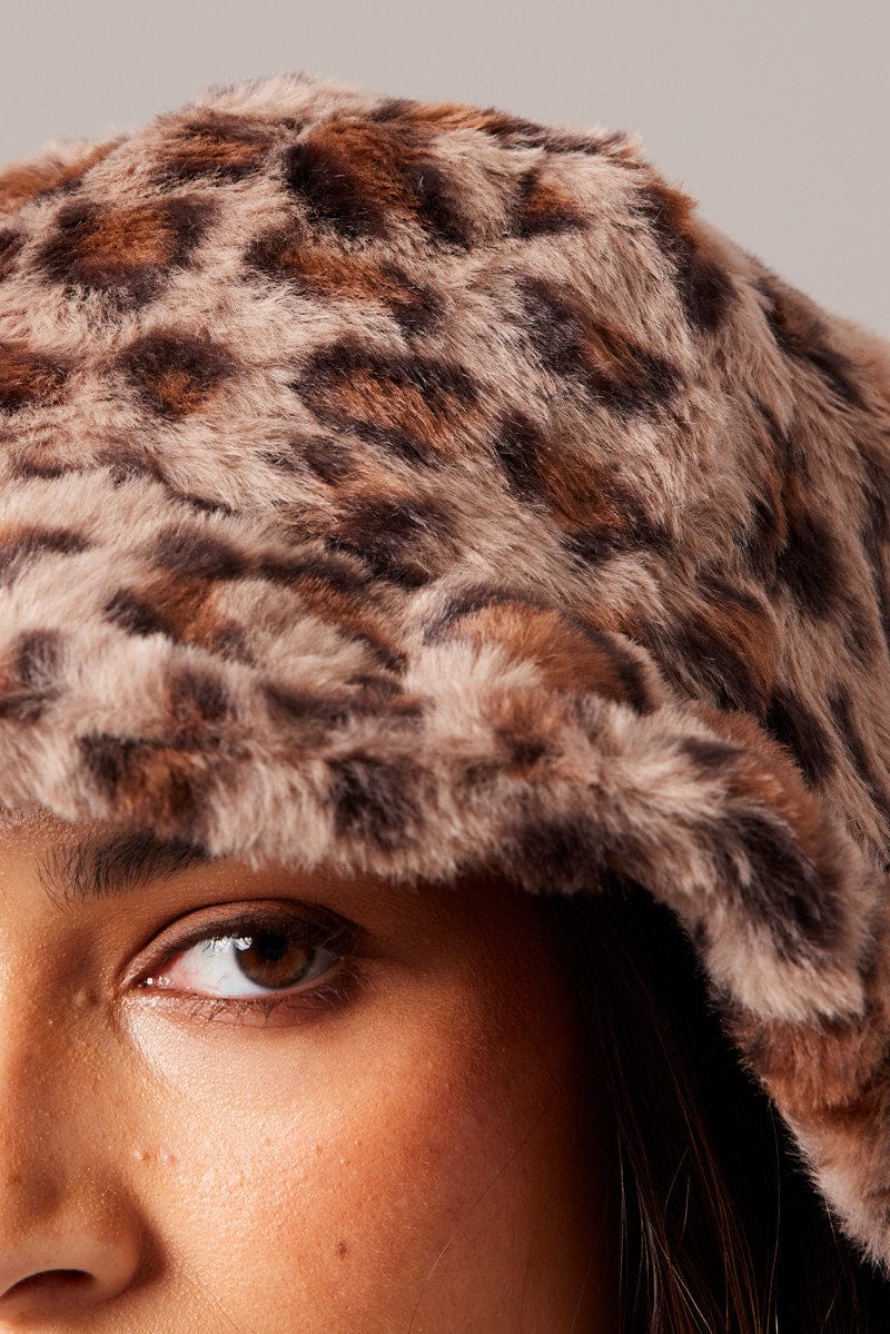 Brown Animal Print Faux Fur Hat