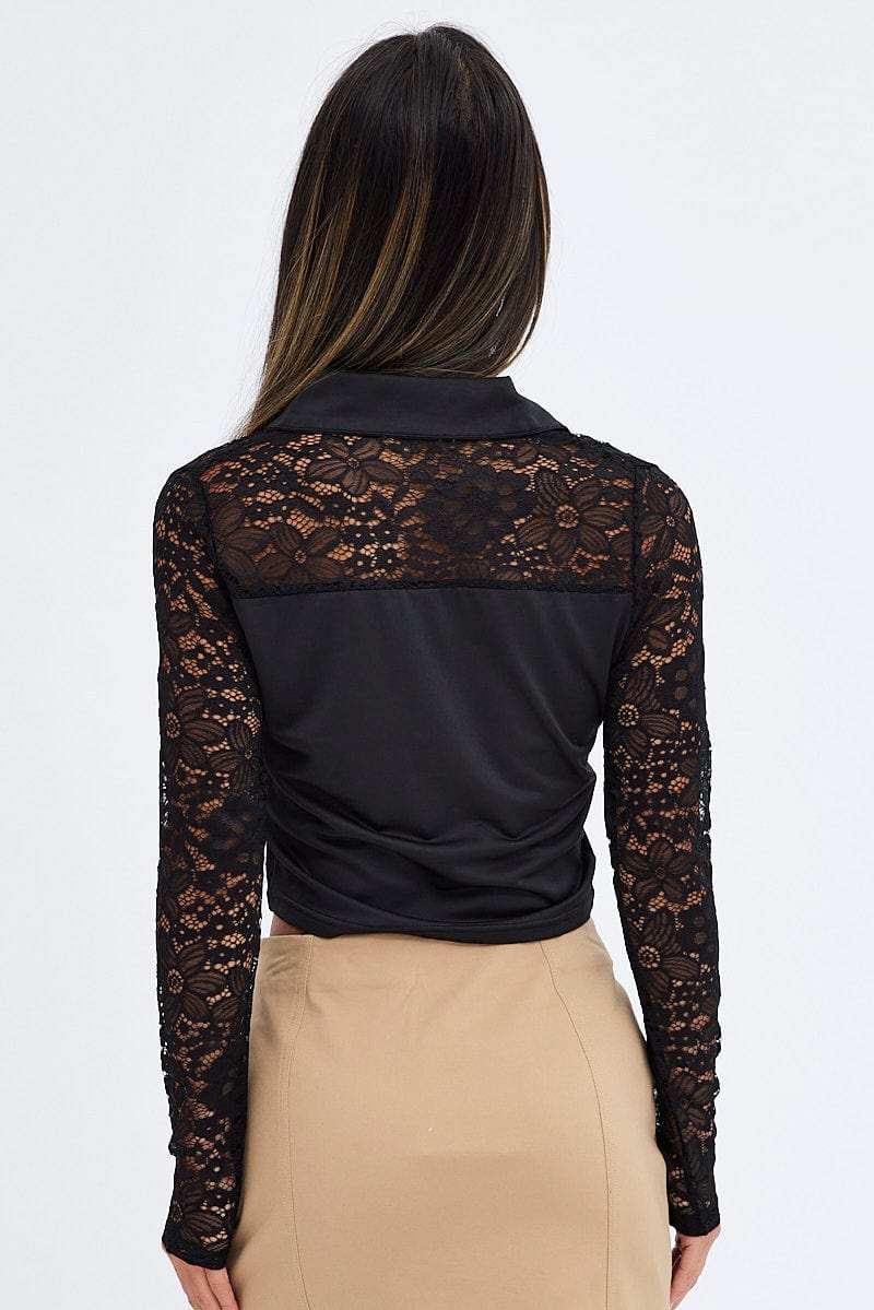 Black Lace Top Long Sleeve Collared Button Up Shirt