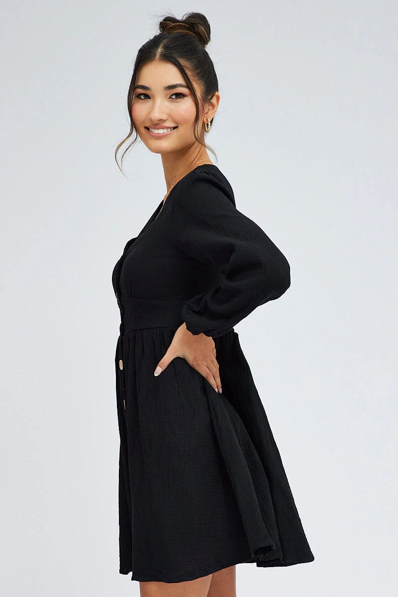Black Long Sleeve Button Front Dress