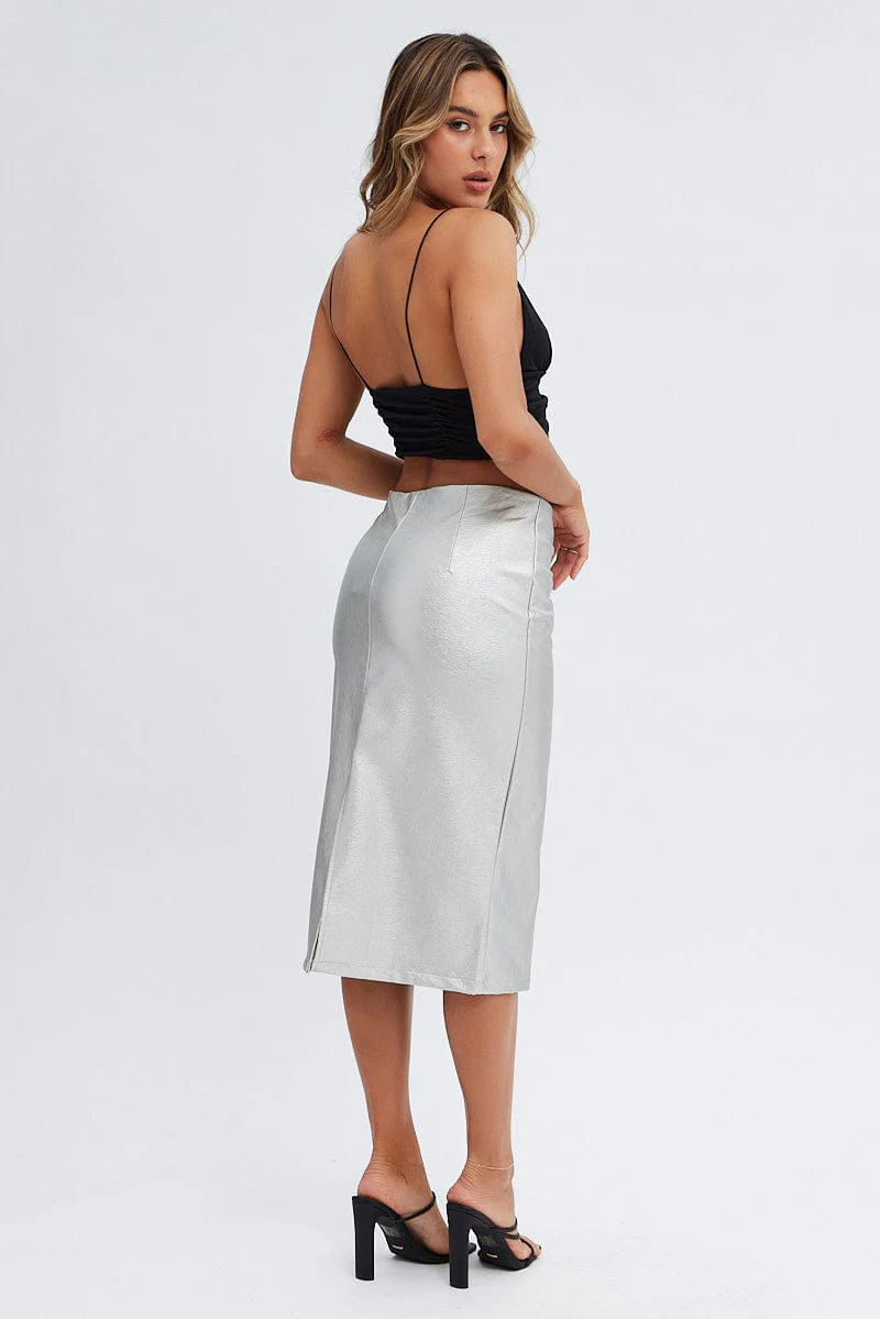 Metallic Midi Skirt Low Rise Lace Up Front Faux Leather PU