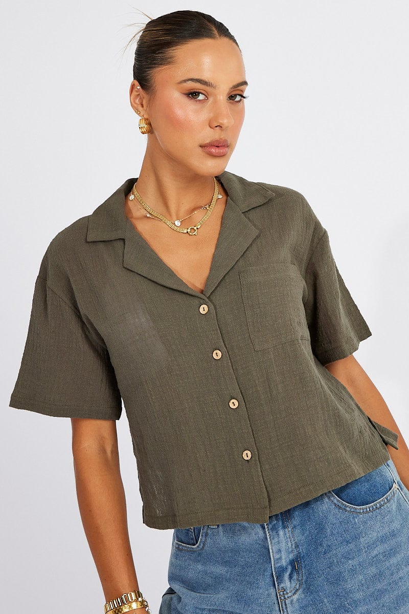 Green Crop Shirt Short Sleeve