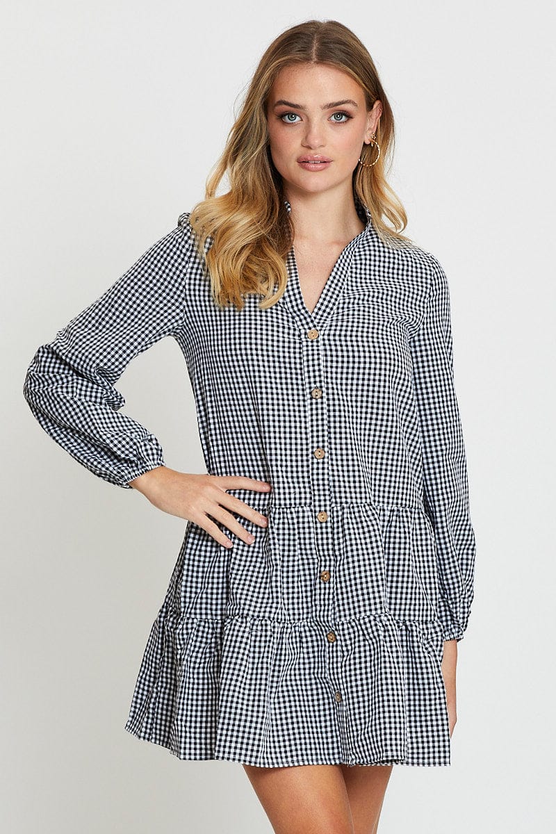 Check Shirt Dress Long Sleeve V Neck