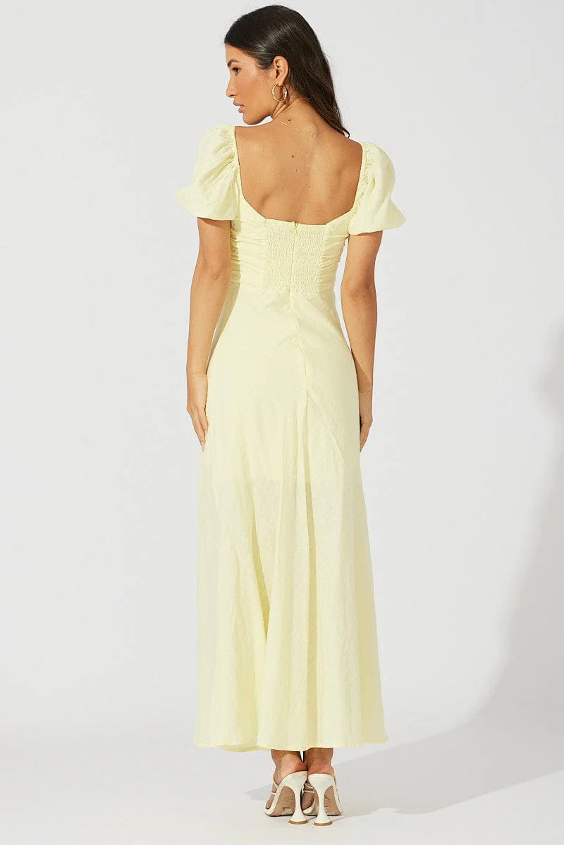 Yellow Midi Dress Short Sleeve Twist Front Textured