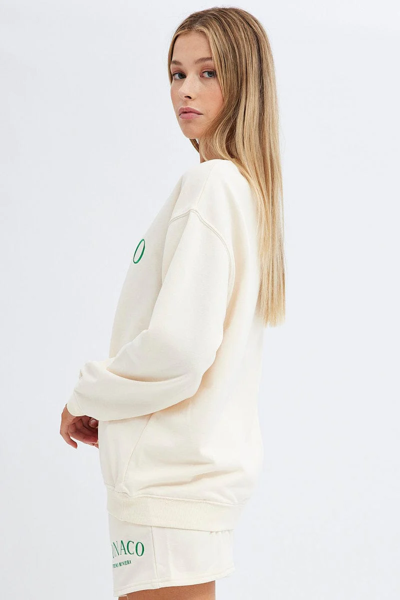 Cream Sweater Varsity Embroidered Monaco Slogan