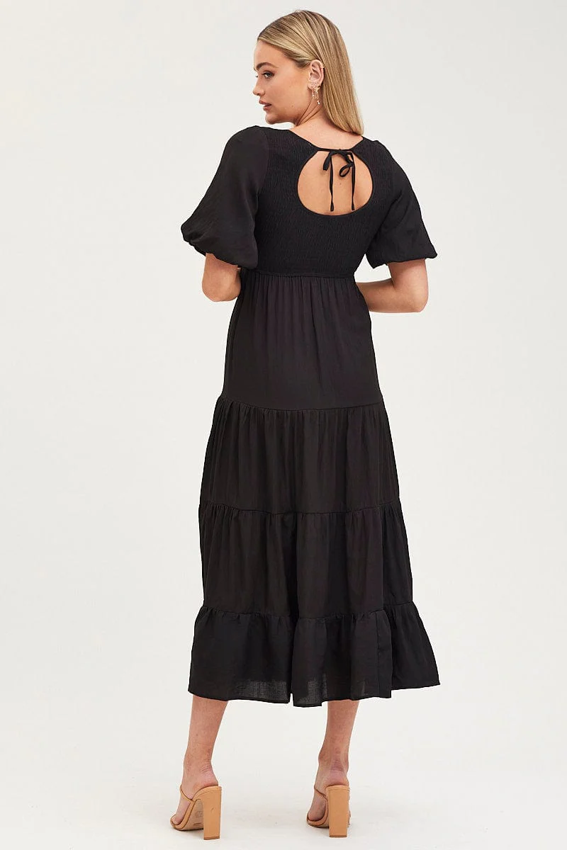 Black Shirred Dress Short Sleeve Maxi