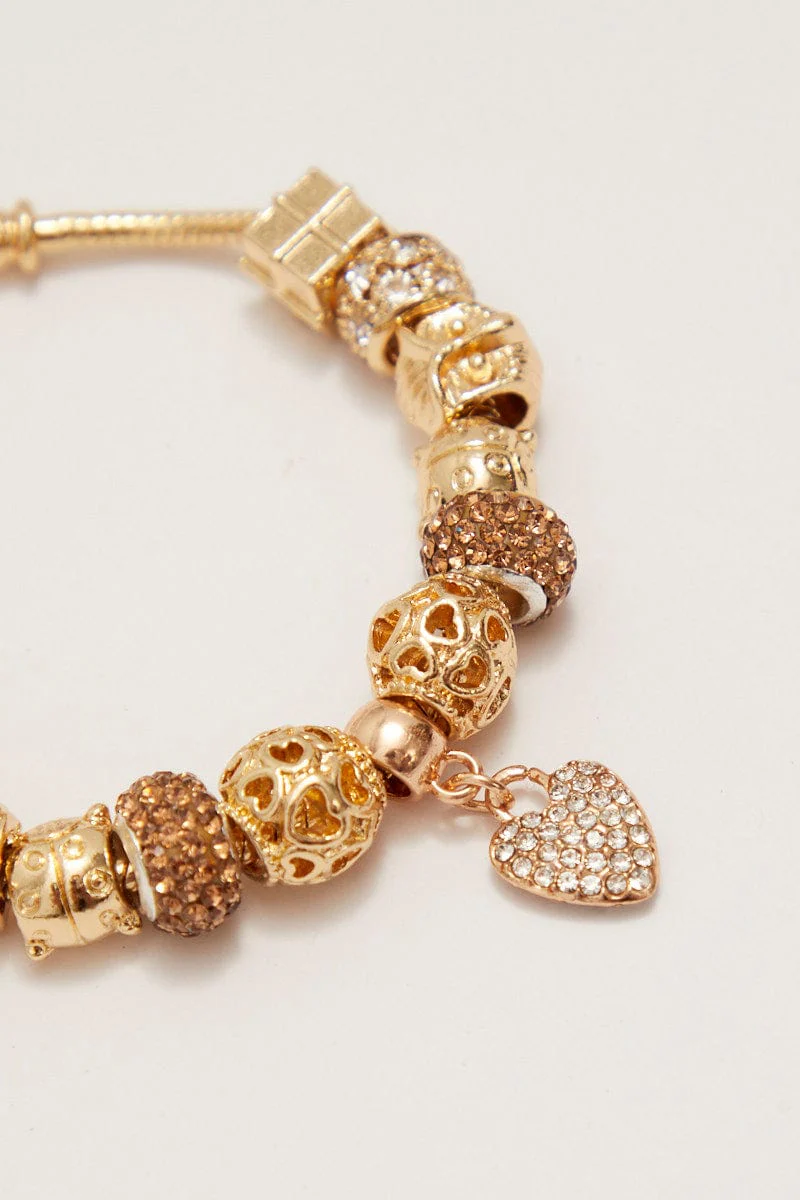 Gold Rhinestone Heart Charm Bracelet