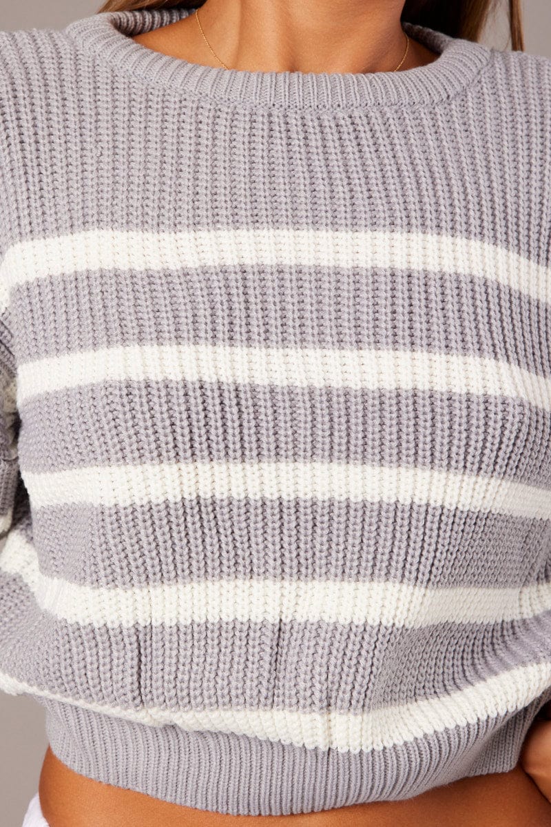 Grey Stripe Knit Top Long Sleeve