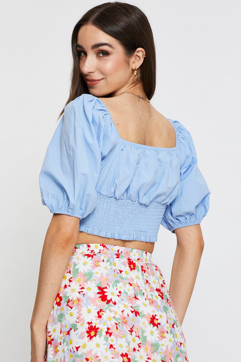 Blue Crop Top Short Sleeve Shirred Waist