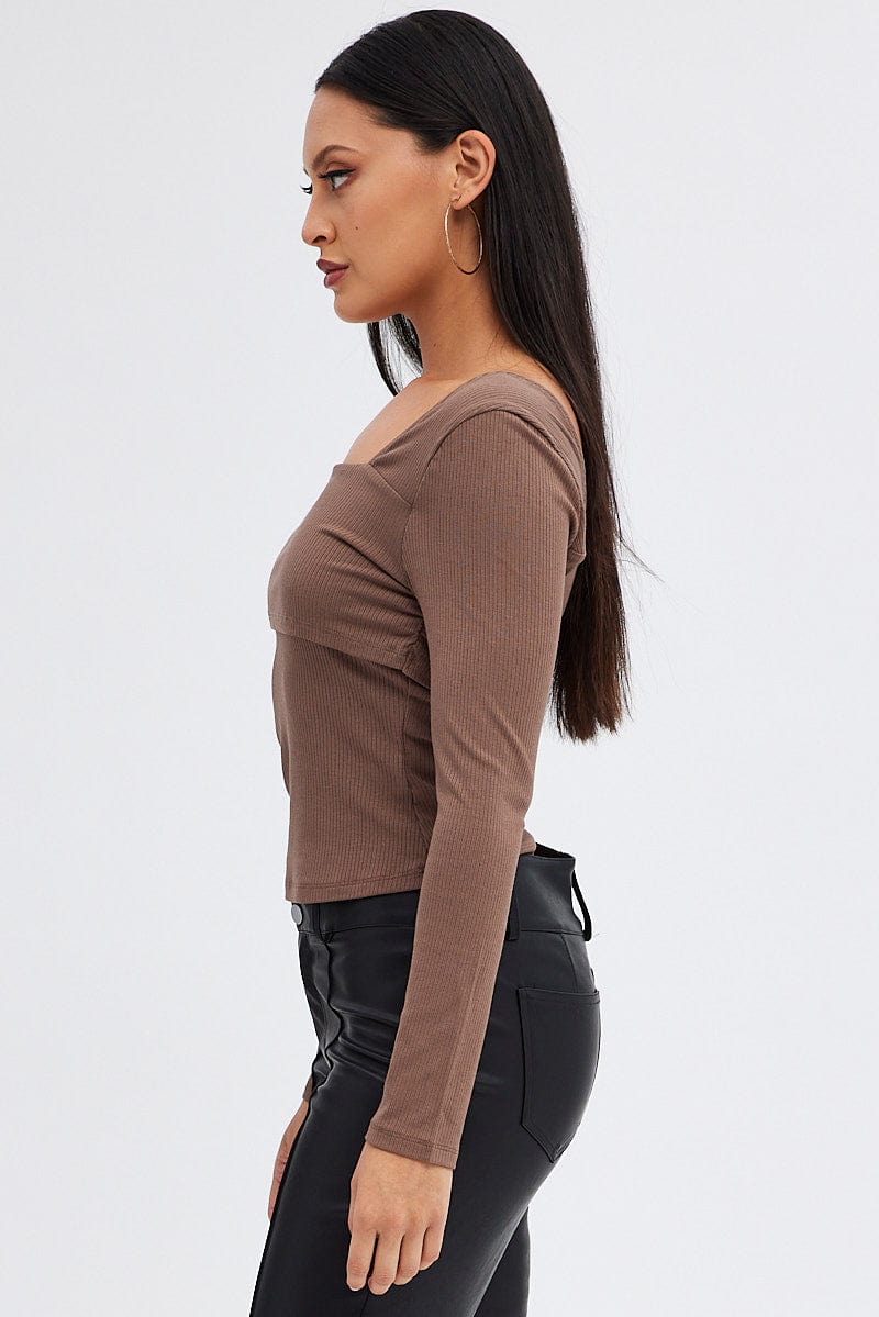 Brown Top One Shoulder Long Sleeve Rib