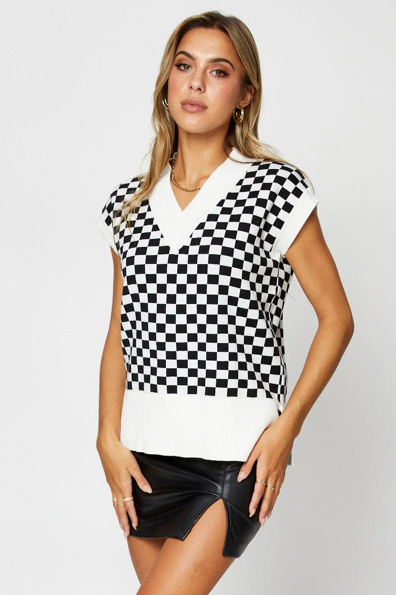 Check Knit Top Sleeveless Oversized V-Neck
