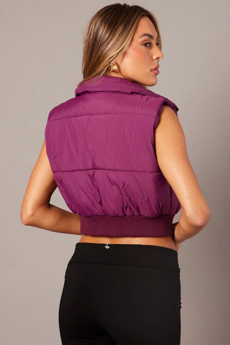 Purple Short Puffer Jacket Sleeveless with Pockets