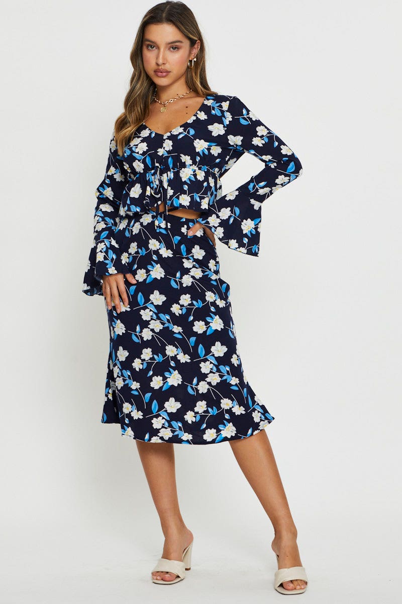 Print Peplum Top Long Sleeve Off Shoulder