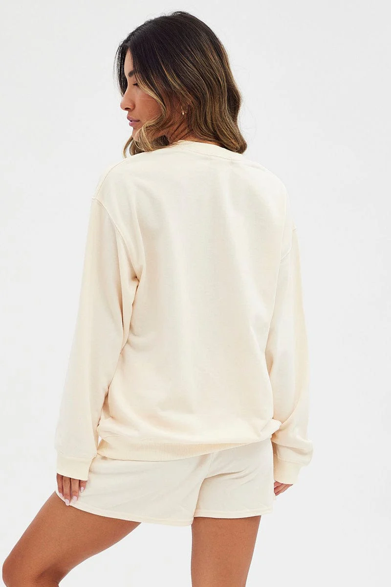 Cream Graphic Sweater Long Sleeve Paris Print