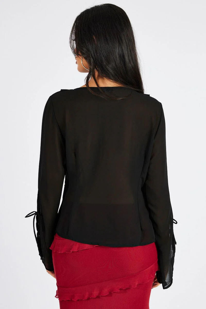 Black Frill Split Top Tie Front Long Sleeve