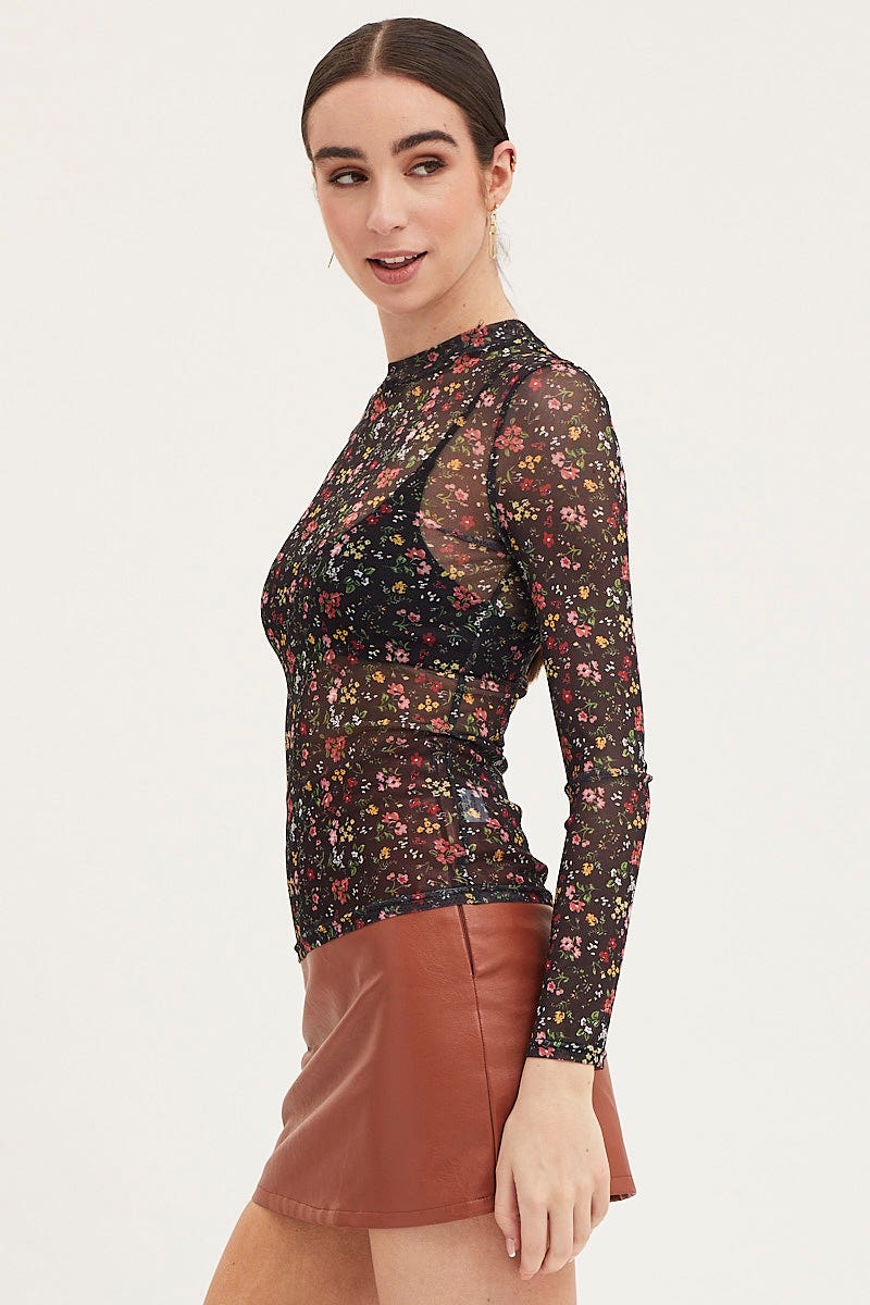 Print Jersey Top Long Sleeve Mesh