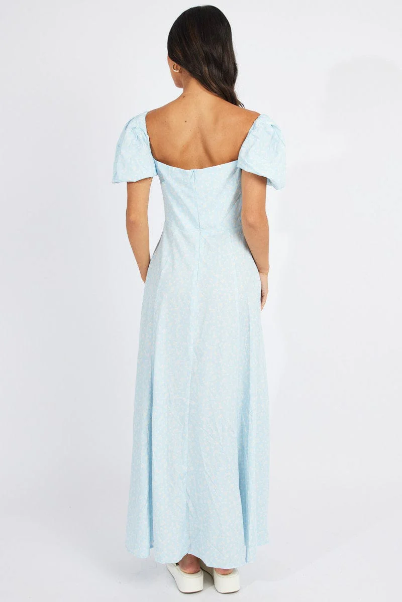 Blue Floral Ruched Bust Maxi Dress Short Sleeve