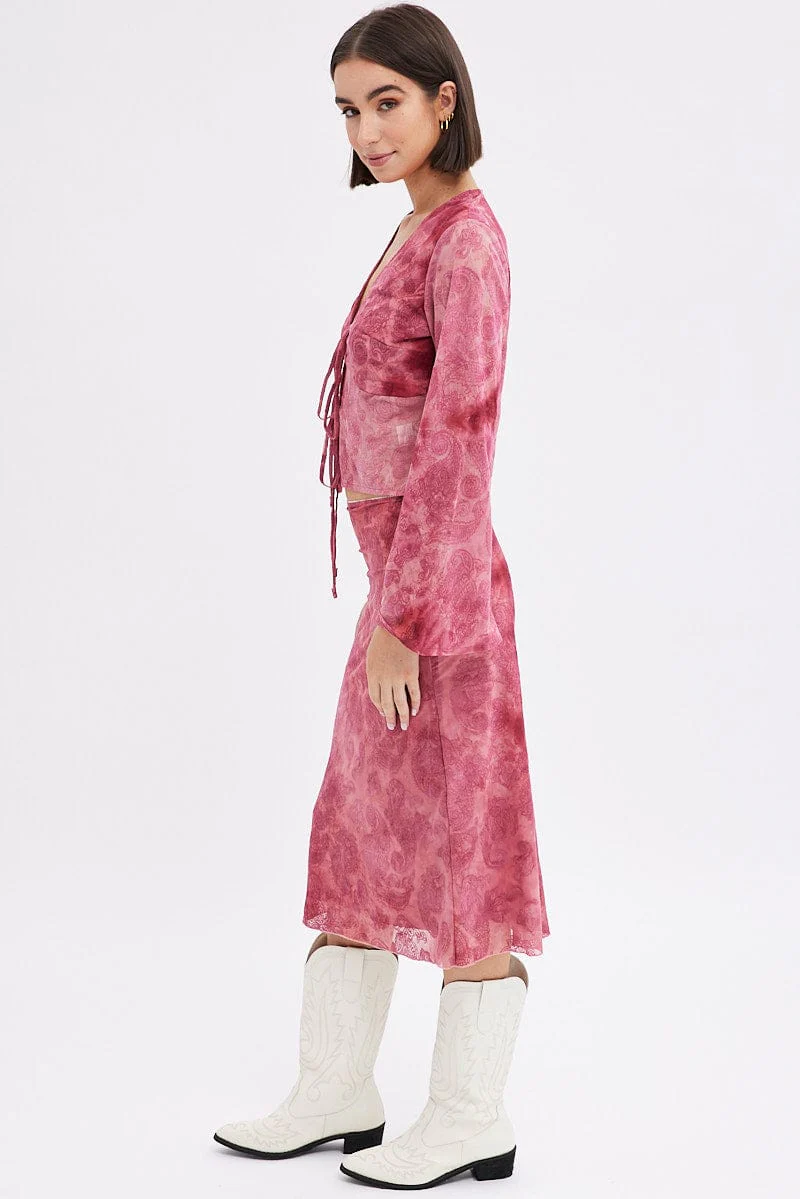 Red Paisley Midi Skirt High Rise Fit & Flare Mesh Lined