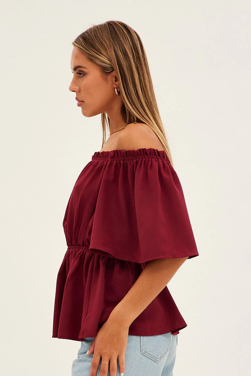 Red Top Short Sleeve Off Shoulder Longline Flutter