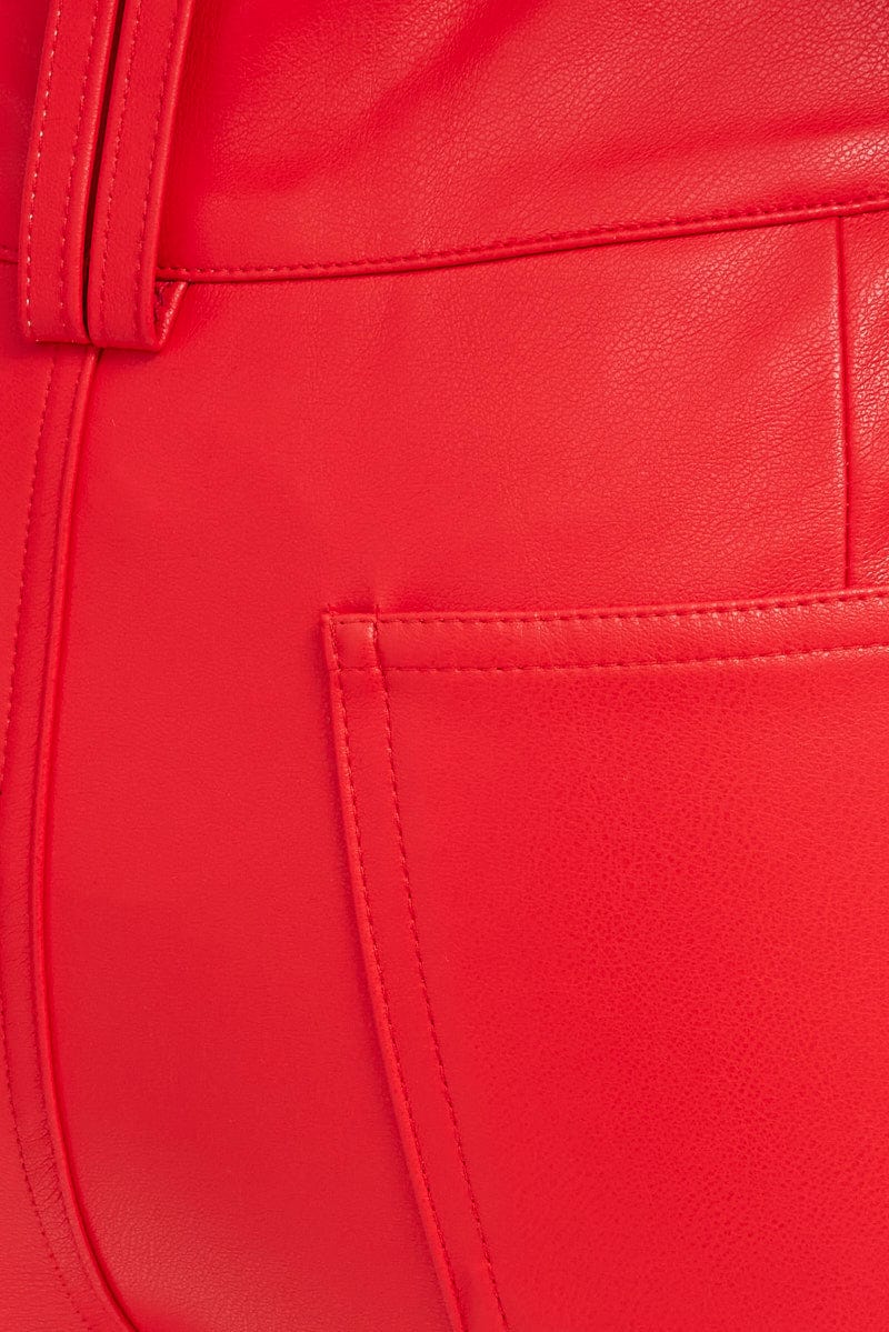 Red Flare Leg Pants Mid Rise Faux Leather