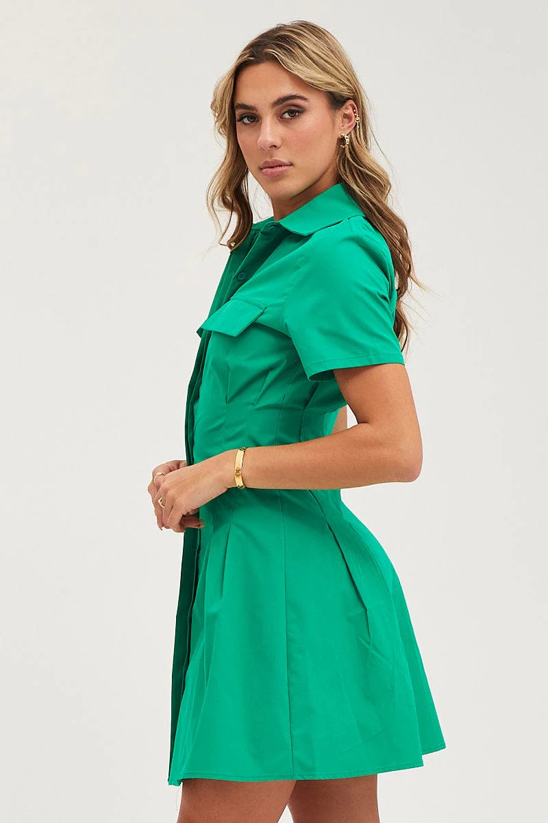 Green Shirt Dress Short Sleeve Mini
