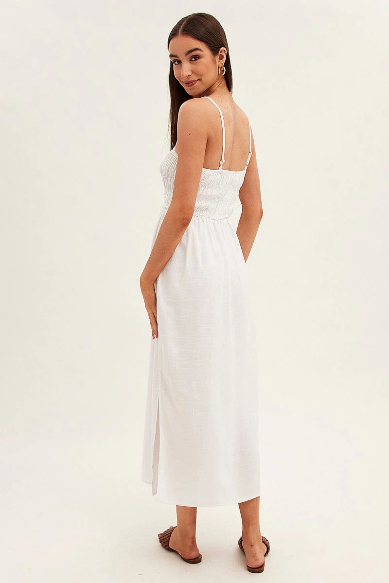 White Maxi Dress With Straps Shirring Linen Blend