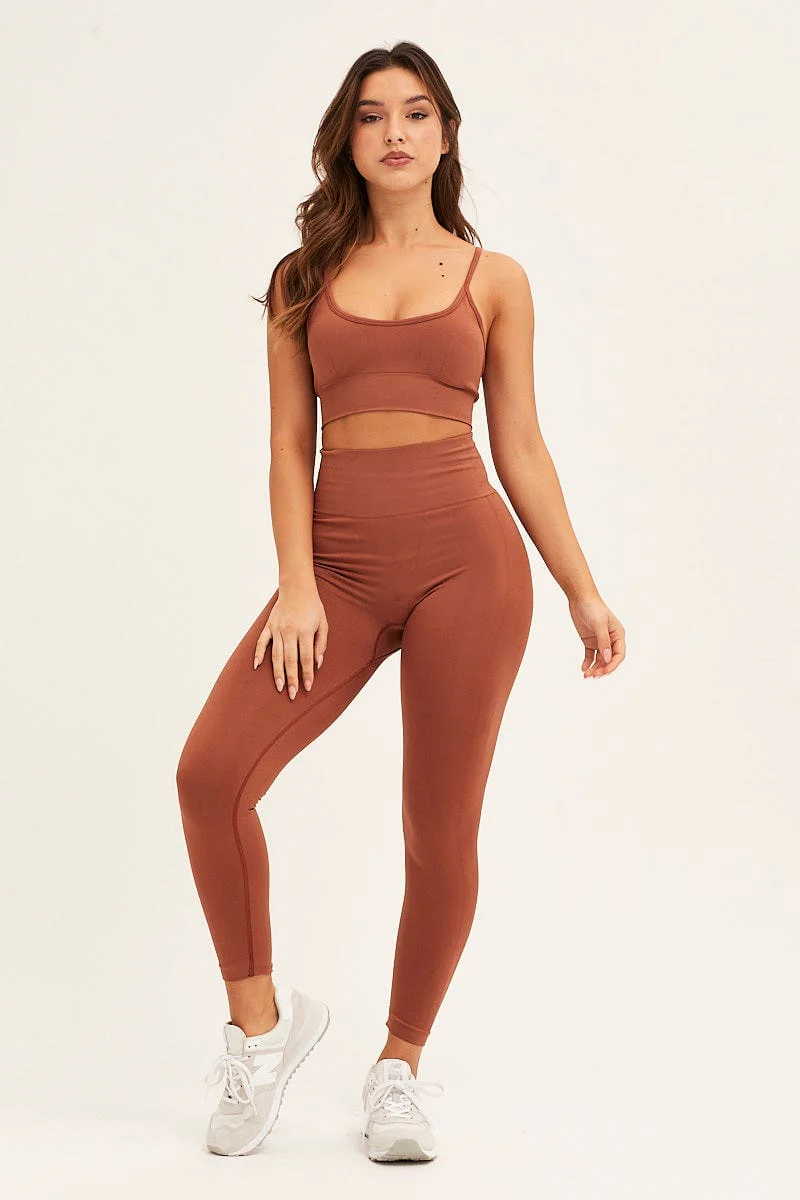 Brown Seamless Activewear Top And Pants Set