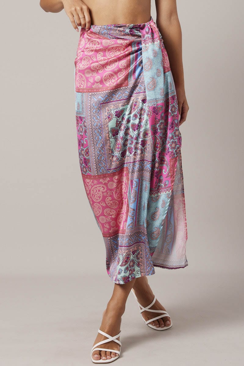 Multi Paisley Scarf Maxi Skirt Gathered Wrap Paisley Satin Skirt