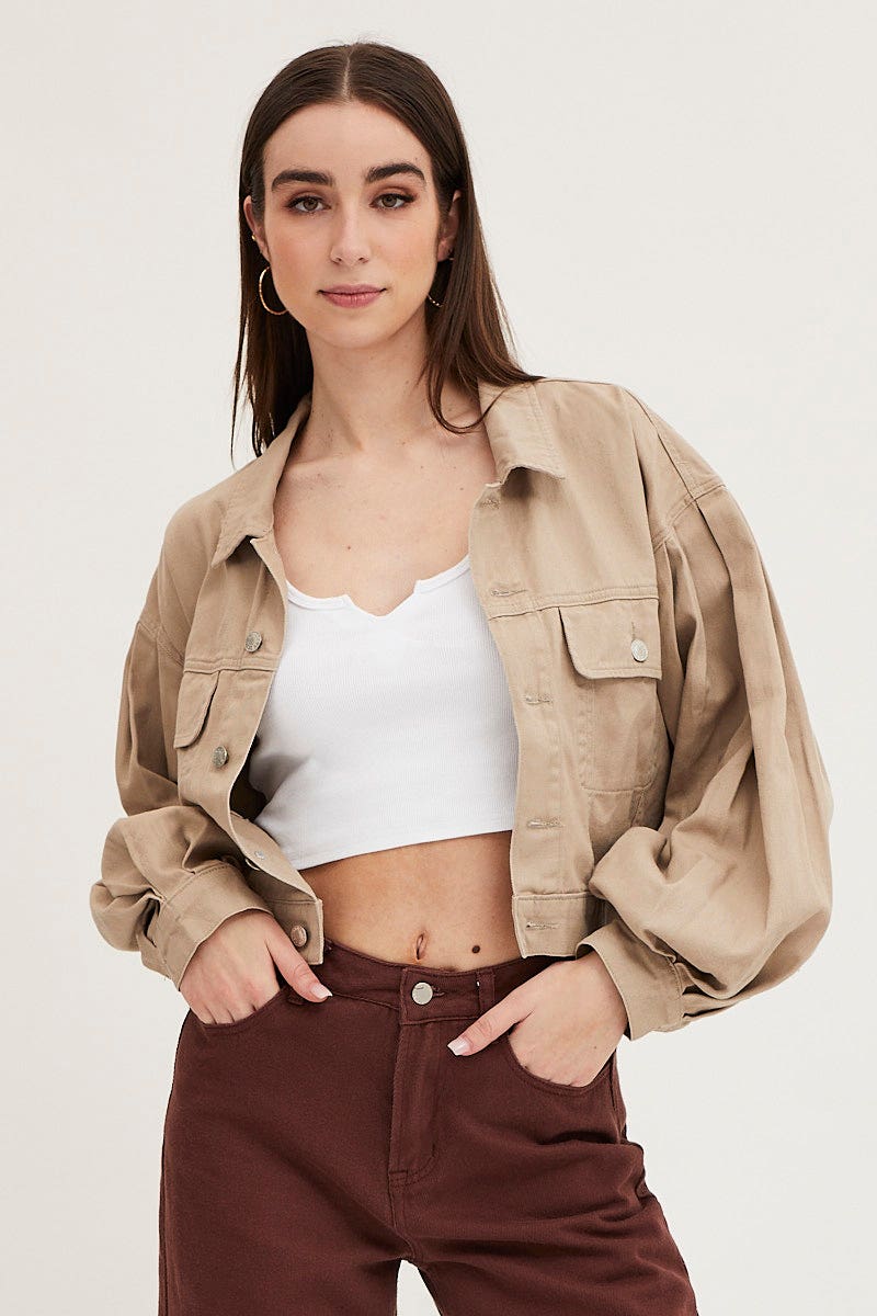 Beige Long Sleeve Cropped Denim Jacket