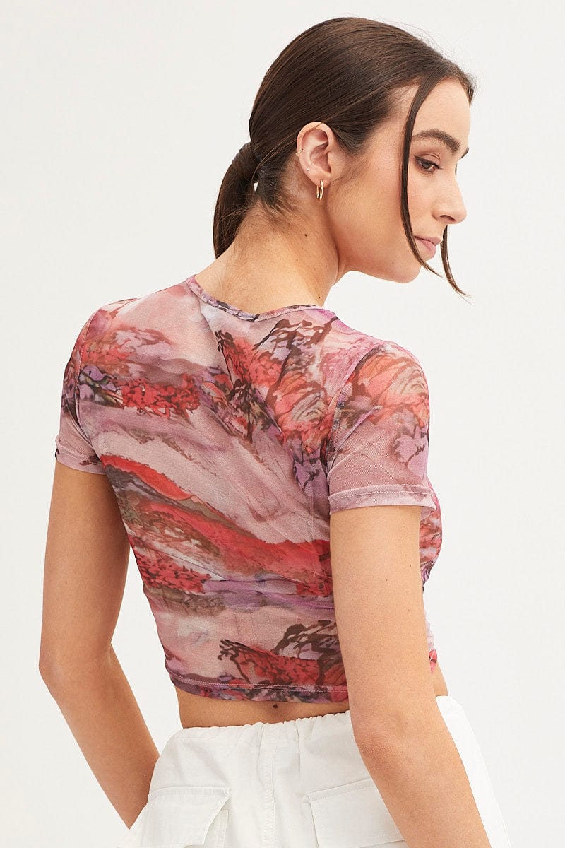 White Abstract Landscape Print Mesh Short Sleeve Top