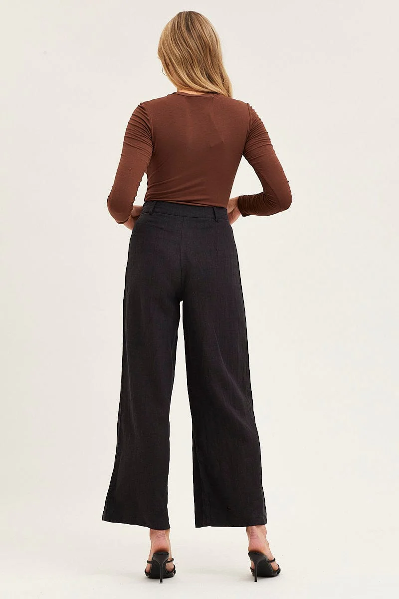 Black Pants High Rise Wide Leg Linen Blend