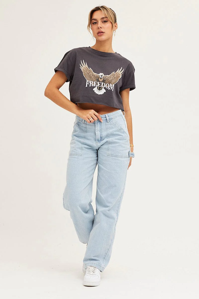 Grey Graphic T Shirt Short Sleeve Crew Neck