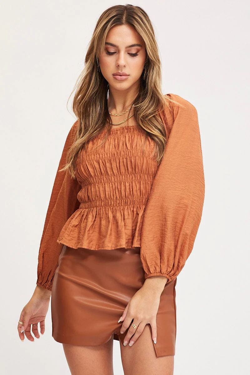 Brown Peplum Top Long Sleeve