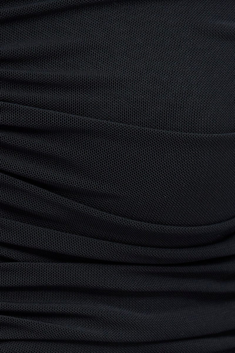 Black Mesh Top Long Sleeve Ruched Hook And Eye