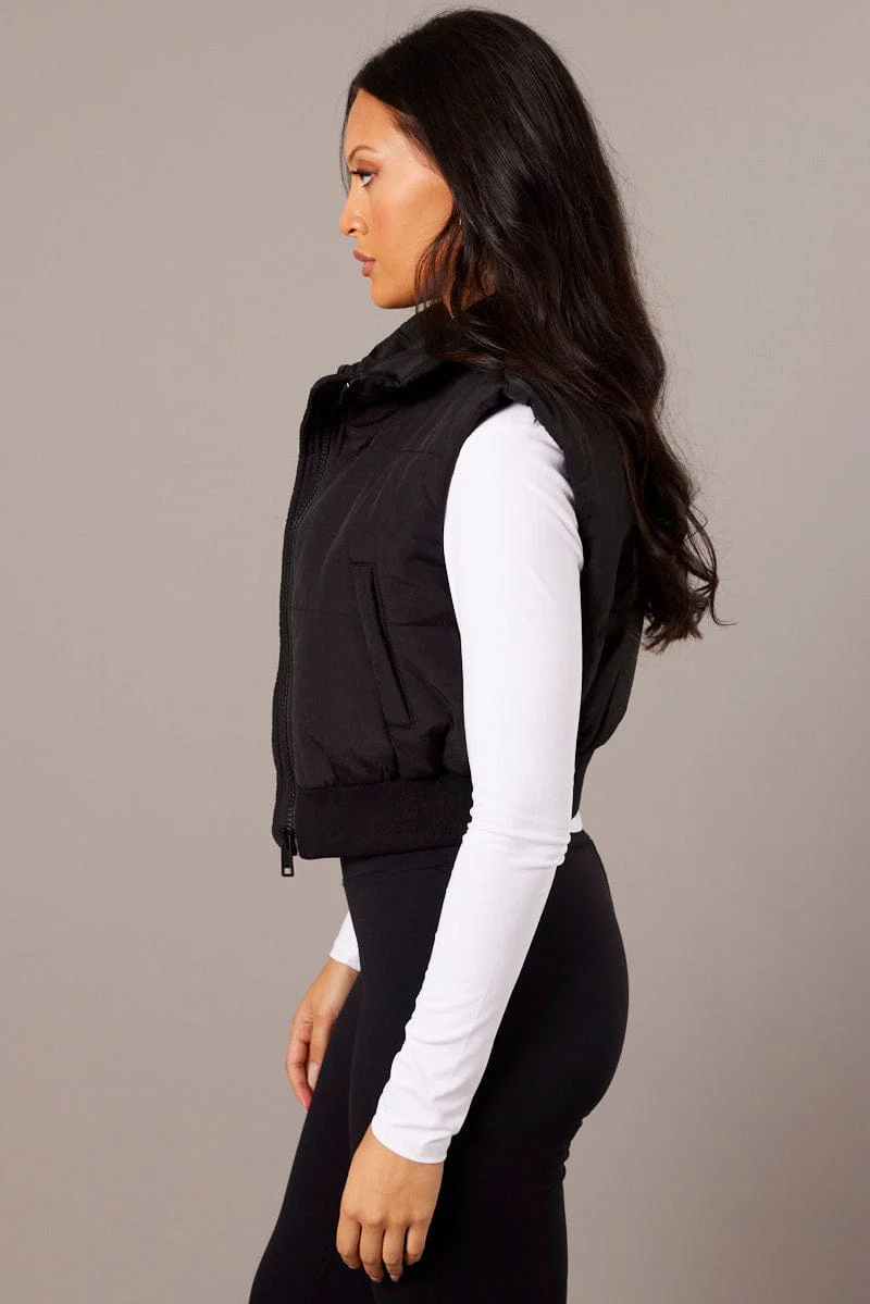 Black Short Puffer Jacket Sleeveless with Pockets